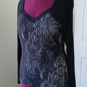 August Silk Lace Front Tee XL black long raglan sleeve t-shirt well-loved V-neck